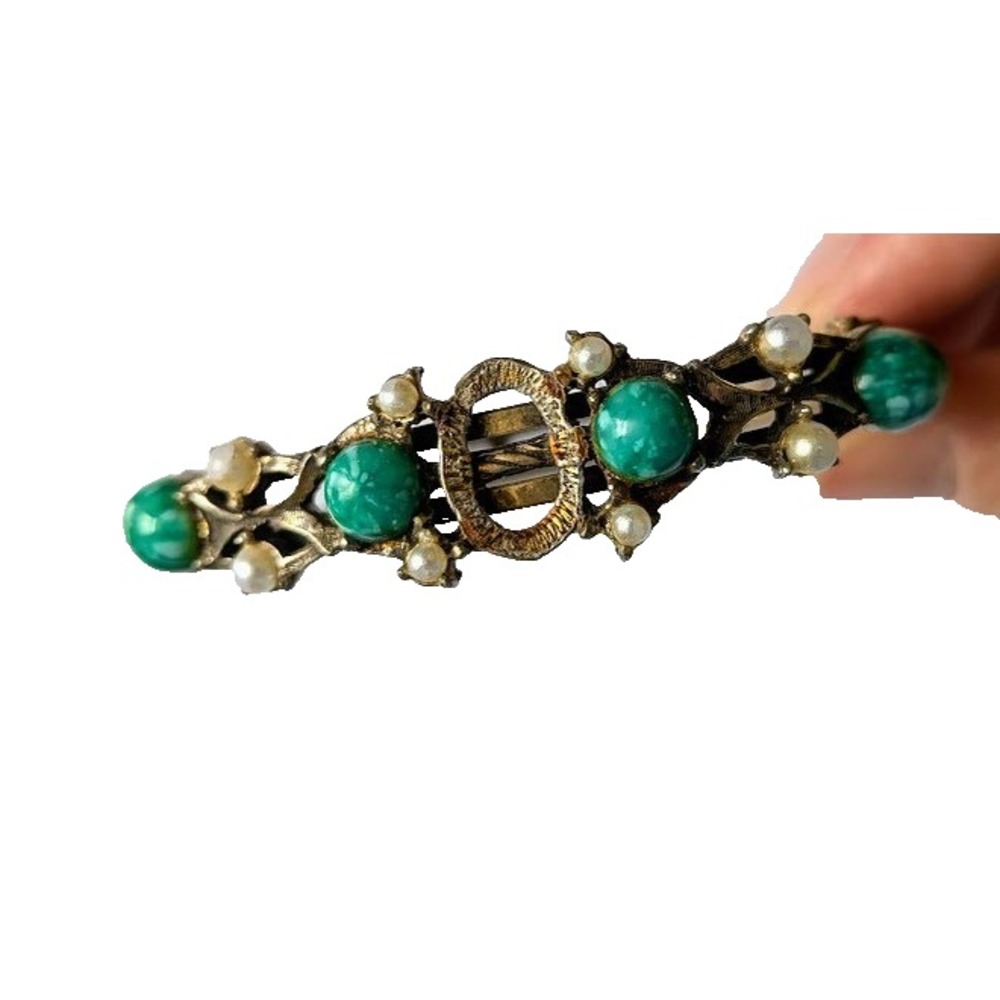 Vintage MCM Green Mottled Glass Cabochon Pearl Bracelet Hinge Chain Filigree